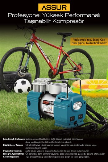 Assur 12v Çakmaklık Girişli 150 psi Mini Hava Kompresörü