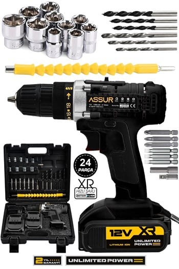 Assur 12V Çelik Şanzıman Bakır Sargılı Çift Akülü Şarjlı Matkap Vidalama