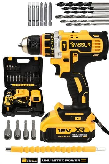 Assur 12V Çift Akülü Çelik Şanzıman Şarjlı Matkap Akülü Vidalama