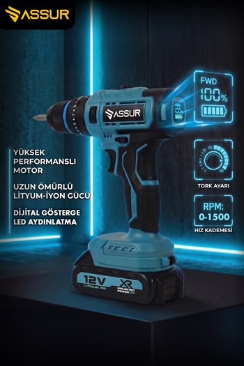 Assur 12V Çift Akülü Darbeli Şarjlı Matkap Dijital Göstergeli Akülü Vidalama