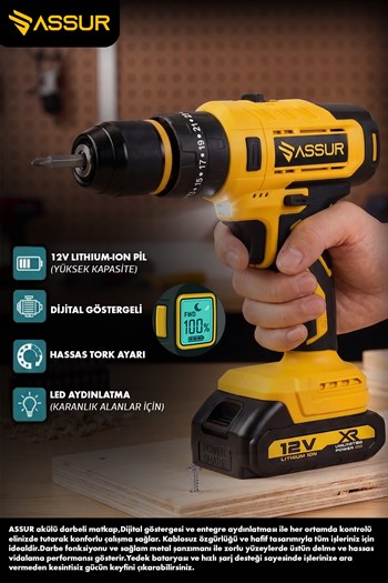 Assur 12V Çift Akülü Darbeli Şarjlı Matkap Dijital Göstergeli Akülü Vidalama