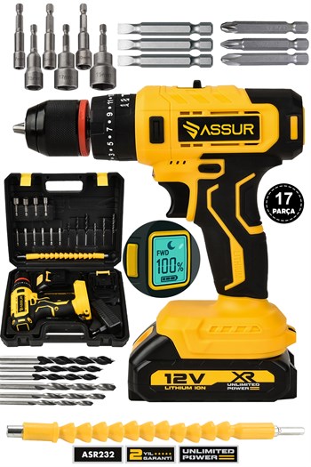 Assur 12V Çift Akülü Darbeli Şarjlı Matkap Dijital Göstergeli Akülü Vidalama