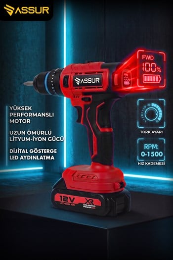 Assur 12V Çift Akülü Darbeli Şarjlı Matkap Dijital Göstergeli Akülü Vidalama