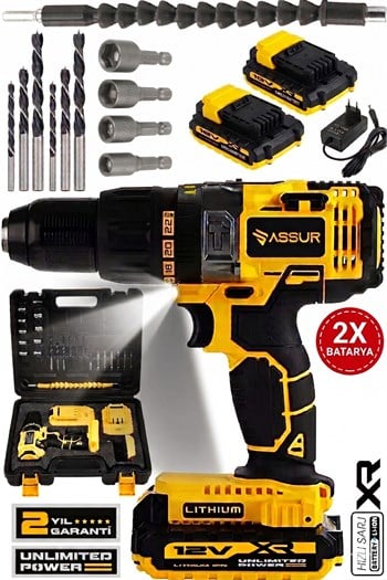 Assur 12V Çift Akülü Metal Şanzıman Şarjlı Darbeli Matkap Akülü Vidalama