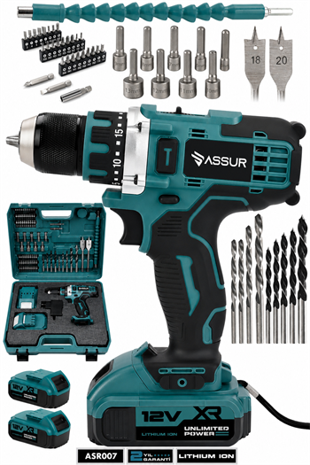 Assur 12V Çift Akülü Metal Şanzıman Şarjlı Matkap Akülü Vidalama