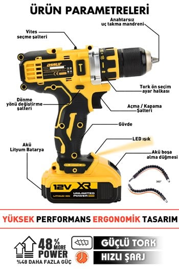 Assur 12V Çift Akülü Vidalama Metal Şanzıman Şarjlı Matkap