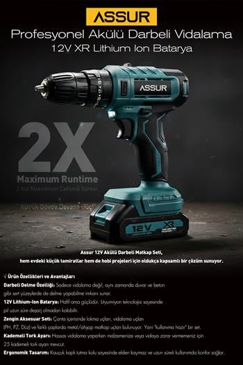 Assur 12V Darbeli Şarjlı Matkap Dijital Göstergeli Akülü Vidalama