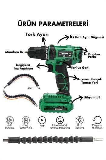 Assur 12V Çift Akülü Bakır Sargı Metal Şanzıman Şarjlı Matkap Akülü Vidalama