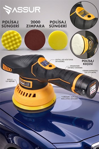 Assur12V Orbital 6 Kademeli Pasta Cila Kaporta Parlatma Şarjlı Polisaj Makinesi