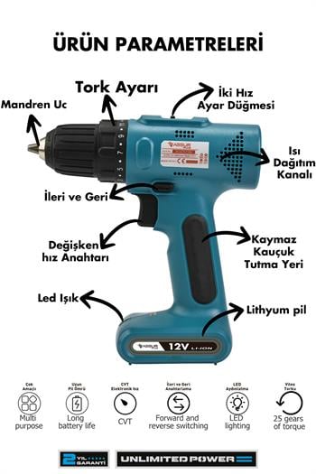 Assur 12V Type-C USB Şarjlı Matkap Dahili Batarya Akülü Vidalama