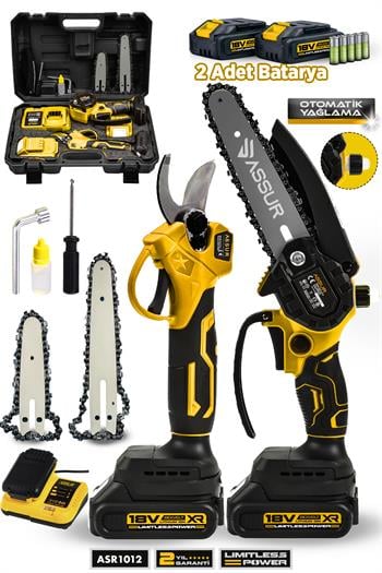 Assur 18V Çift Akülü Çelik Şanzıman Dal Budama Makası & Testeresi 2 Li Set