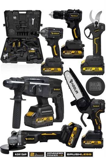 ASSUR 21V 6'lı Set Kırıcı/Delici Hilti, Taşlama, Somun Sıkma, Matkap, Budama Testeresi ve Makası