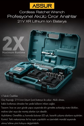 ASSUR 21V 40 Nm Tork Çift Akülü Darbeli Cırcır Kolu-3/8