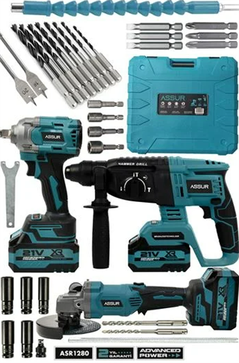 Assur 21V Çift Akü Kırıcı Delici Hilti 2-26mm + Somun Sıkma Sökme + Taşlama 3'lü Set
