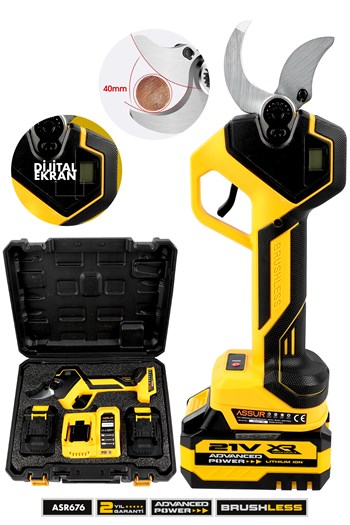 ASSUR 21V Çift Akülü 40 mm Ağaç Odun Dal Kesme Makinesı Şarjlı Dijital Budama Makası Sarı
