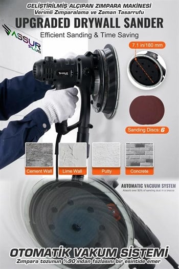 Assur 360Ledli 850W Pro Alçıpan Zımpara Makinası Toz Emmeli