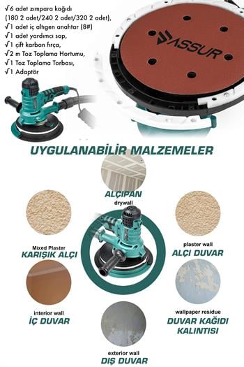 Assur 360Ledli 850W Pro Alçıpan Zımpara Makinası Toz Emmeli
