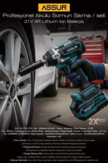 Assur 450 NM TORKLU 21V ÇİFT AKÜLÜ 10 PİLLİ KÖMÜRSÜZ 1/2 MAVİ SOMUN SIKMA SÖKME MAKİNESİ