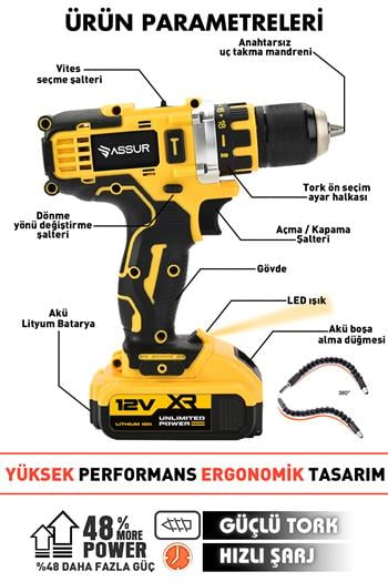 Assur Profesyonel 12V Çift Akülü 12 Köşe 360° Lazer Hizalama & Akülü Vidalama Set