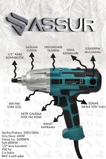 Assur 400 W Elektrikli Somun Sıkma Sökme Makinesi 400 NM Tork 1/2 Başlık