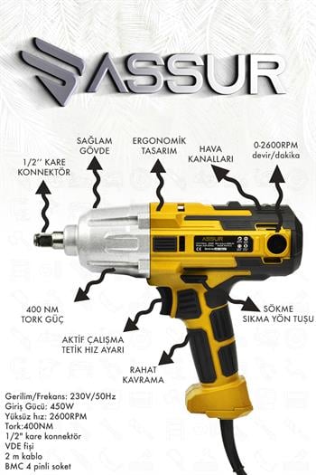 Assur 400 W Elektrikli Somun Sıkma Sökme Makinesi 400 NM Tork 1/2 Başlık