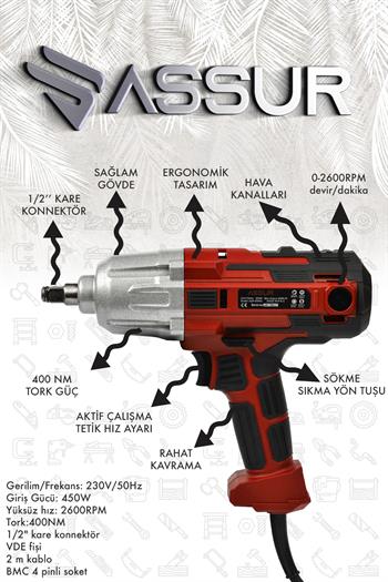 Assur 400 W Elektrikli Somun Sıkma Sökme Makinesi 400 NM Tork 1/2 Başlık