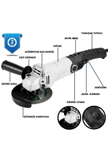 Assur 1200W Avuç Taşlama Makinesi 125mm 6 Kademeli Uzun Kuyruk