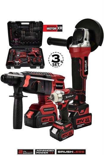 Assur Profesyonel 21V Çift Akü Kırıcı Delici Hilti 2-26mm + Somun Sıkma Sökme + Taşlama 3'lü Set