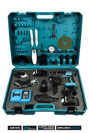Assur Profesyonel 7 Başlıklı Set 21V Vidalama Taşlama Somun Sıkma Tilki Kuyruğu Budama Hava Pompası Hilti