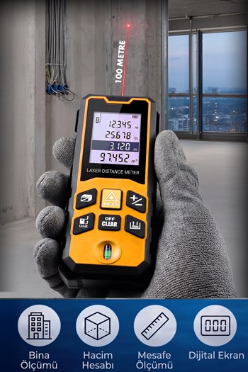 Assur Profesyonel Lazer Terazili Dijital Mesafe Ölçer 100 Metre Ölçüm Cihazı Sarı Lazer Metre
