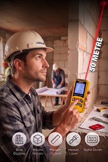 Assur Profesyonel Lazer Terazili Dijital Mesafe Ölçer 50 Metre Ölçüm Cihazı Sarı Lazer Metre