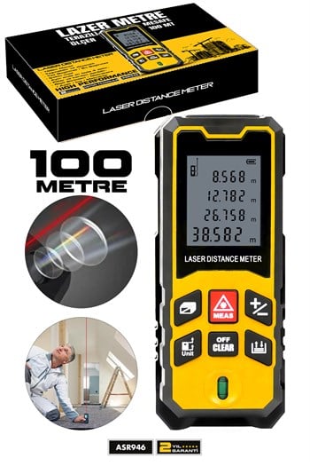 Assur Profesyonel Lazer Terazili Dijital Mesafe Ölçer 100 Metre Ölçüm Cihazı Sarı Lazer Metre