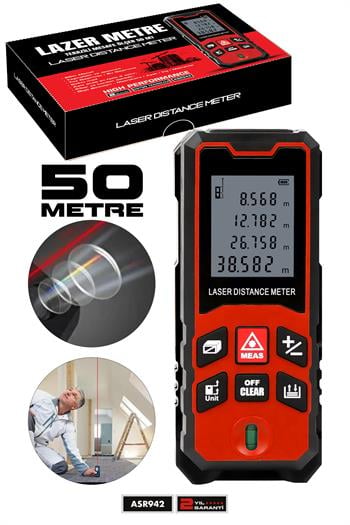 Assur Profesyonel Lazer Terazili Dijital Mesafe Ölçer 50 Metre Ölçüm Cihazı Kırmızı