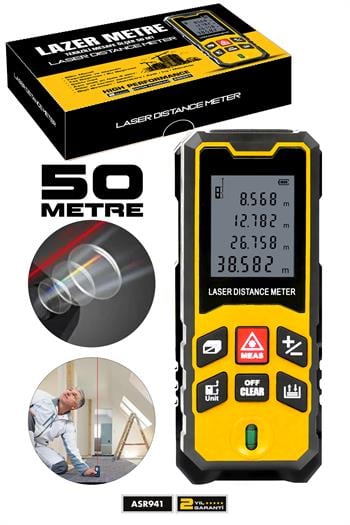 Assur Profesyonel Lazer Terazili Dijital Mesafe Ölçer 50 Metre Ölçüm Cihazı Sarı Lazer Metre
