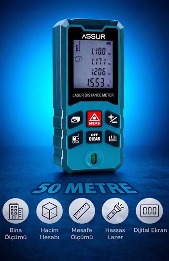 Assur Profesyonel Lazer Terazili Dijital Mesafe Ölçer 50 Metre Ölçüm Cihazı Mavi Lazer Metre