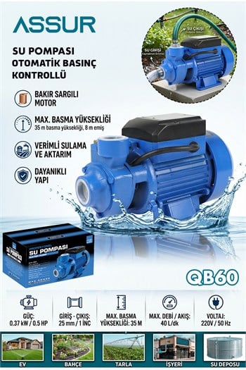 ASSUR Qb60 35m Basınç Yüksekliği 1 HP Bakır Sargı Elektrikli Santrifüj Pompa Su Motoru
