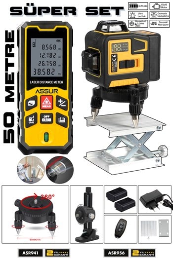 Lazer Metre + 360° 12 Köşe Otomatik Hizalamalı Yeşil Çizgili Su Terazili Lazer Metre Hizalama