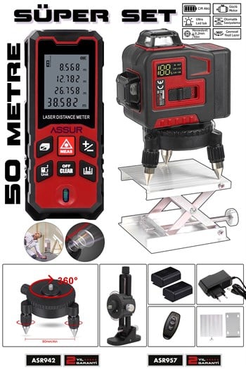 Lazer Metre + 360° 12 Köşe Otomatik Hizalamalı Yeşil Çizgili Su Terazili Lazer Metre Hizalama