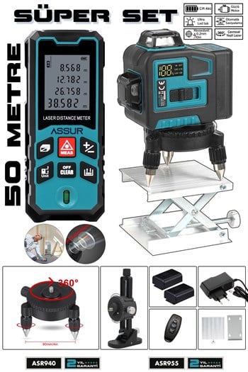 Lazer Metre + 360° 12 Köşe Otomatik Hizalamalı Yeşil Çizgili Su Terazili Lazer Metre Hizalama