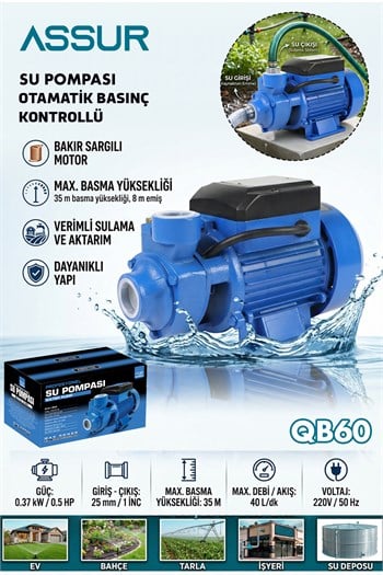 QB60 35m Basınç Yüksekliği 1 Hp Bakır Sargı Elektrikli Santrifüj Pompa Su Motoru