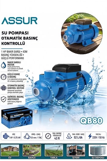 QB80 43m Basınç Yüksekliği 1 Hp Bakır Sargı Elektrikli Santrifüj Pompa Su Motoru