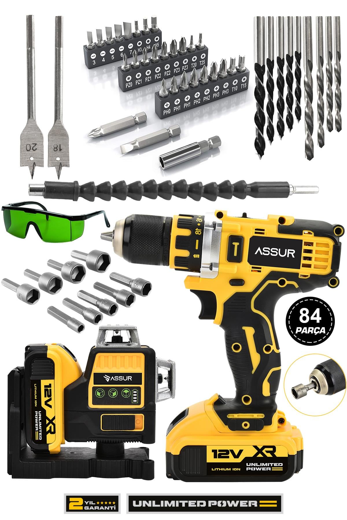 Assur Profesyonel 12V Çift Akülü Vidalama 84 Parça & 12 Köşe 360