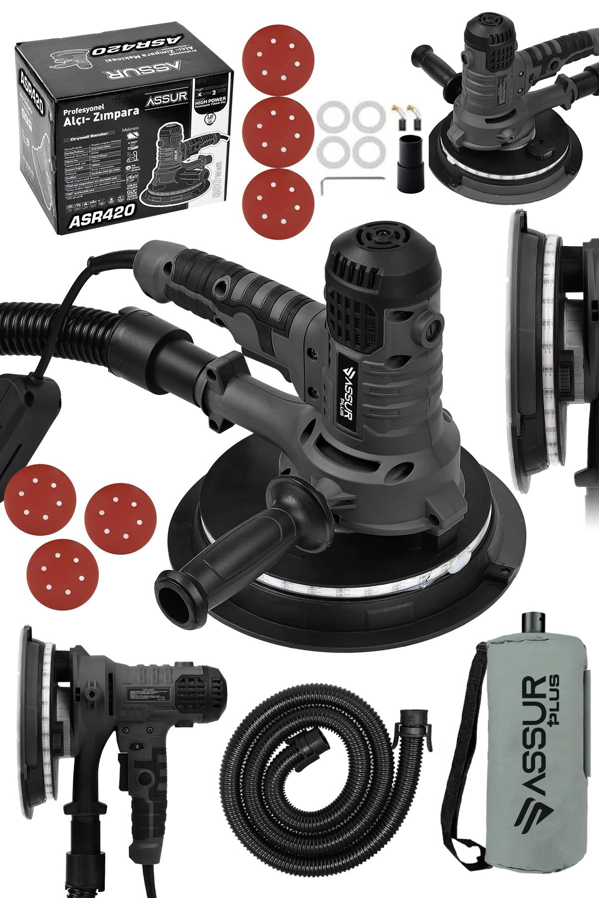 Assur Plus 360'Ledli 850W Pro Alçıpan Zımpara Makinası Toz Emmeli