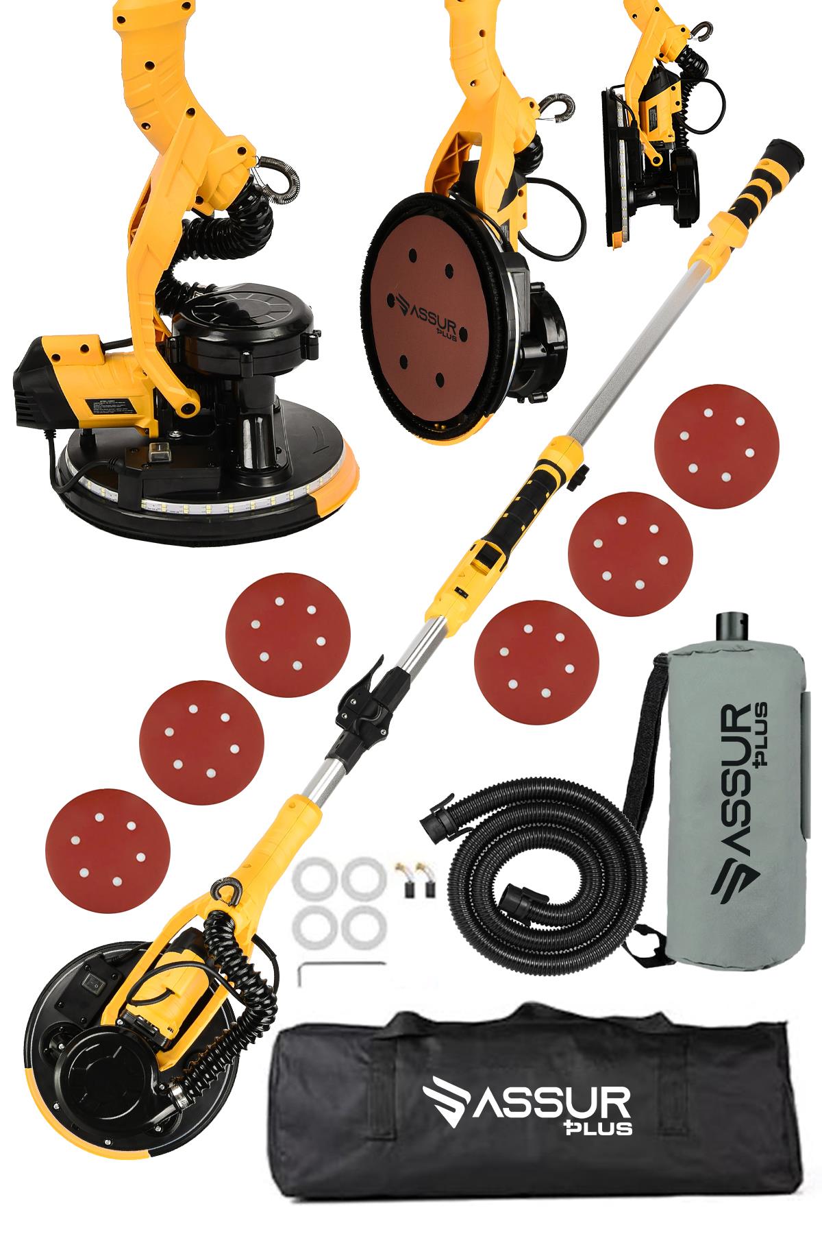 Assur Plus 850W Alçıpan Duvar Zımpara Makinası 360° Ledli Toz Emmeli