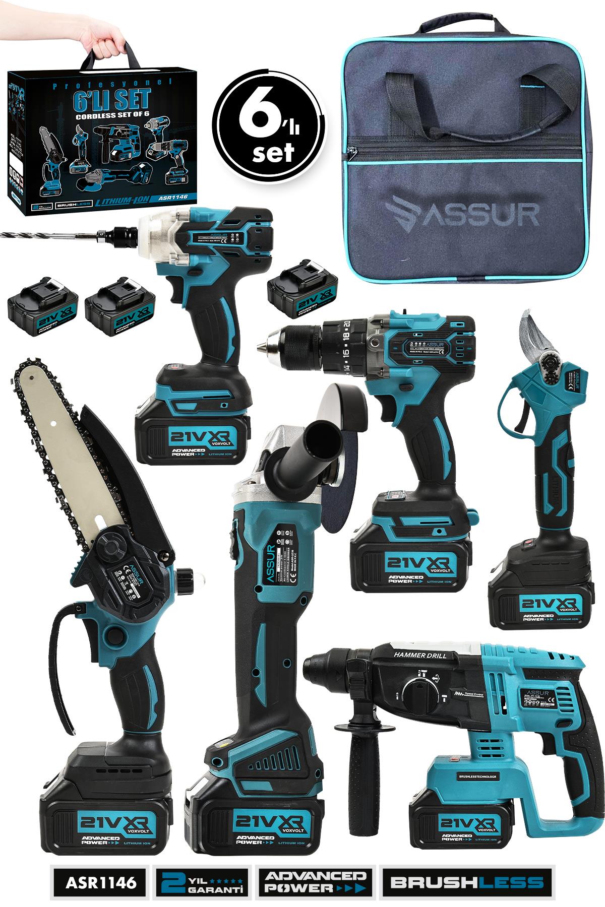 Assur Profesyonel 21V Akülü Bez Çantalı Kömürsüz Darbeli 6'lı Set
