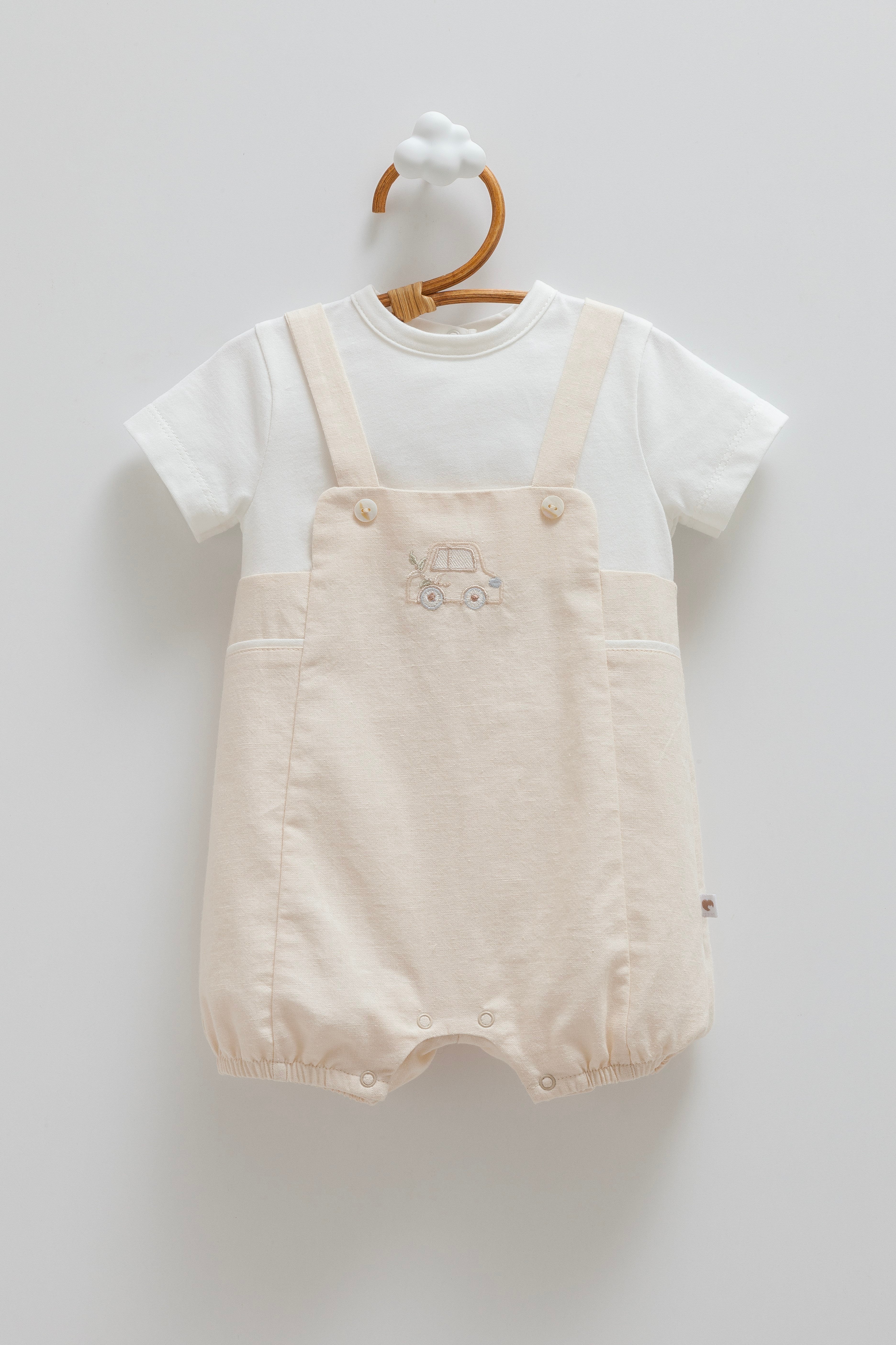 Bebek TulumCaramell Linen Keten Kısa Erkek Tulum Bej
