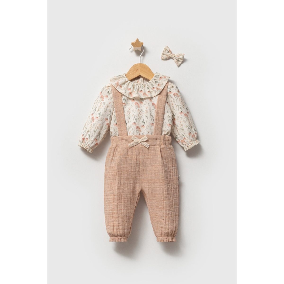 Bebek TulumTongs Çiçekli Linen Kız Salopet Gül Kurusu