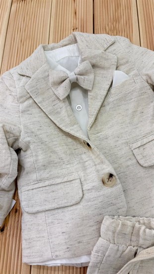 Ceketli Papyonlu Premium Keten Erkek Takım Ekru