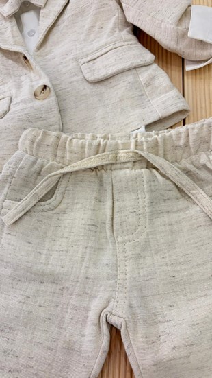 Ceketli Papyonlu Premium Keten Erkek Takım Ekru