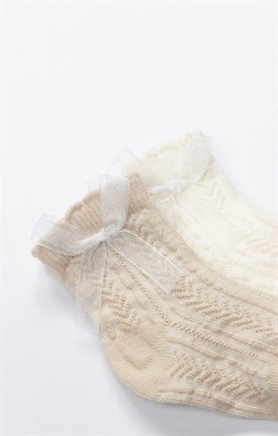 GOTS Sertifikalı 2li Fiyonklu Çorap Bej Natural